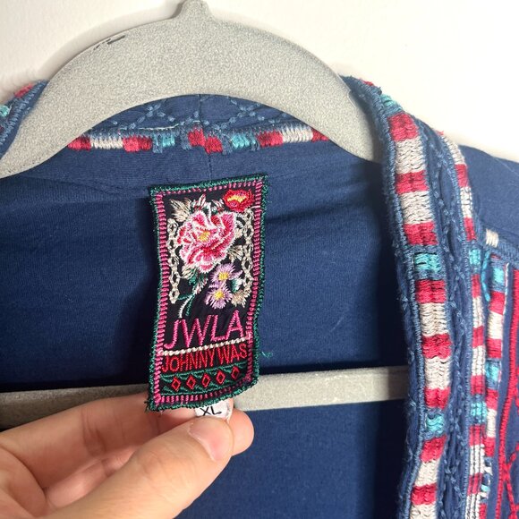 Johnny Was Floral Embroidered Mina Open Front Cardigan Blue Bohemian Sz XL - Picture 2 of 5